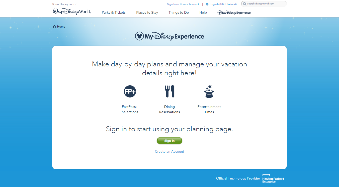 My Disney Experience login page