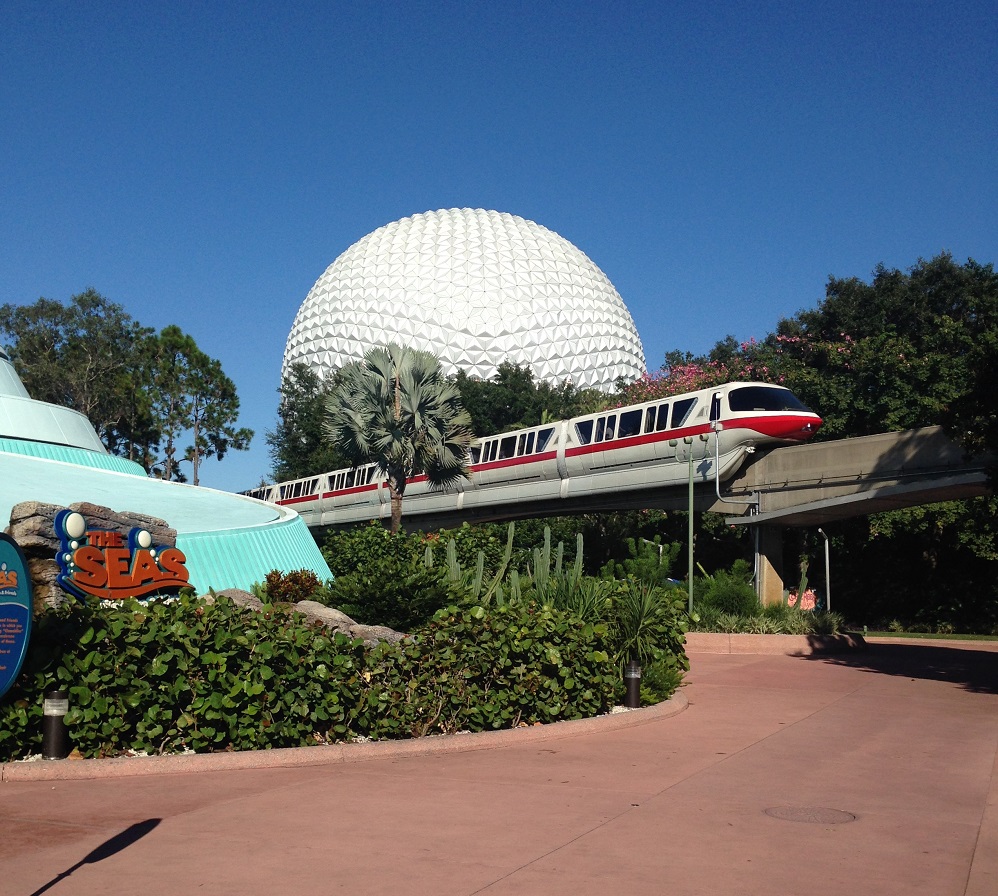 Disney Monorail passing Spaceship Earth