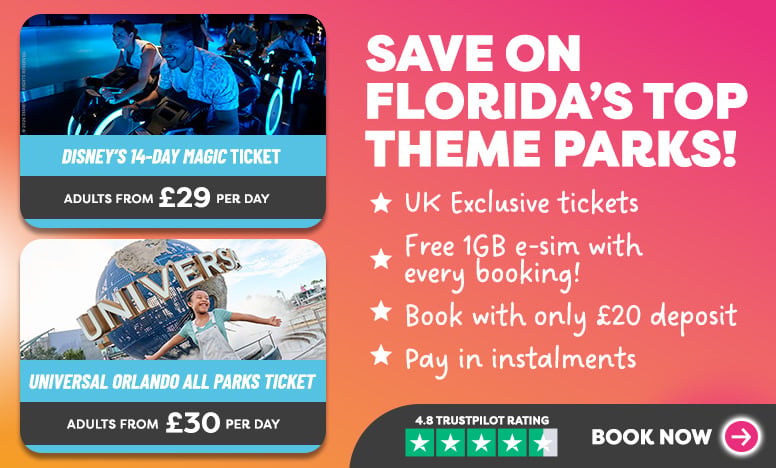Promotional banner for Florida theme parks with two ticket cards (Disney and Universal) and booking perks, including a Book Now button.
